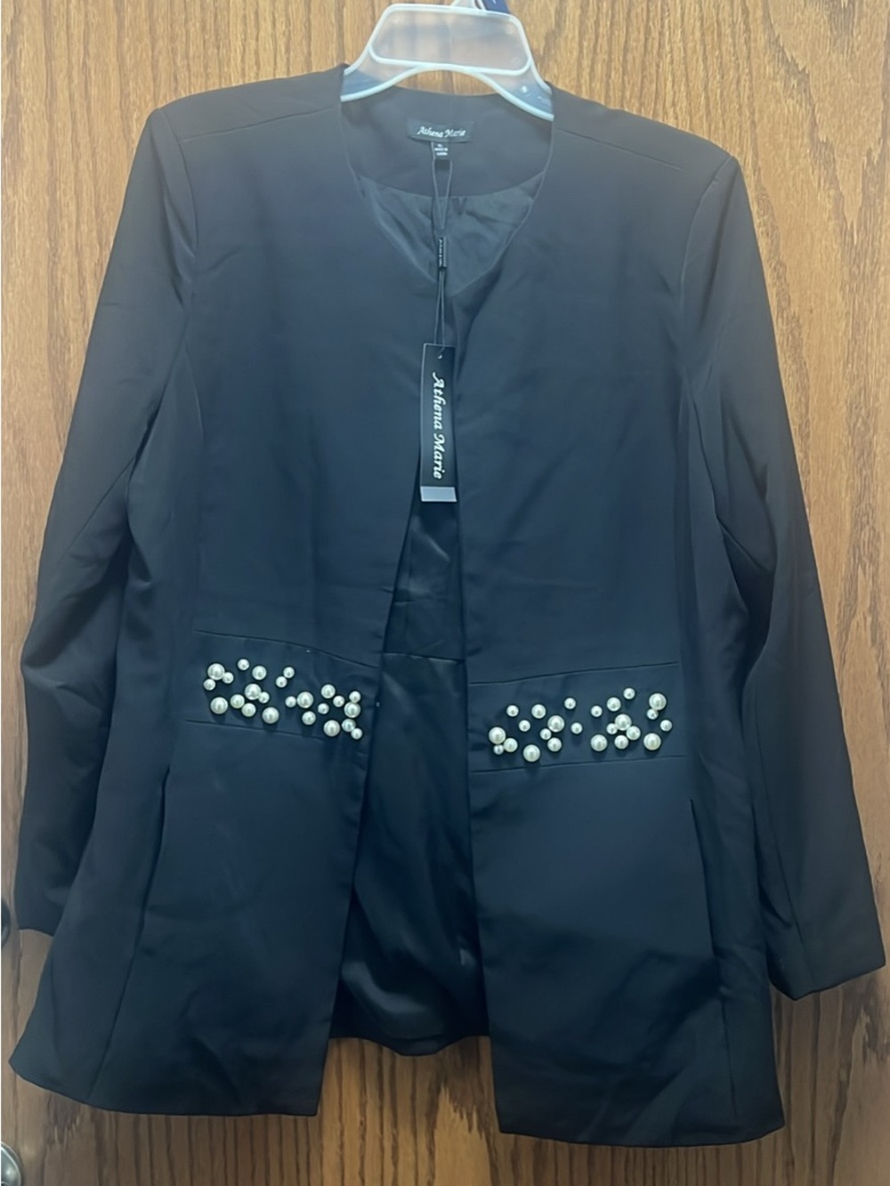 Adriana Marin Black Pearl-Accent Open-Front Blazer